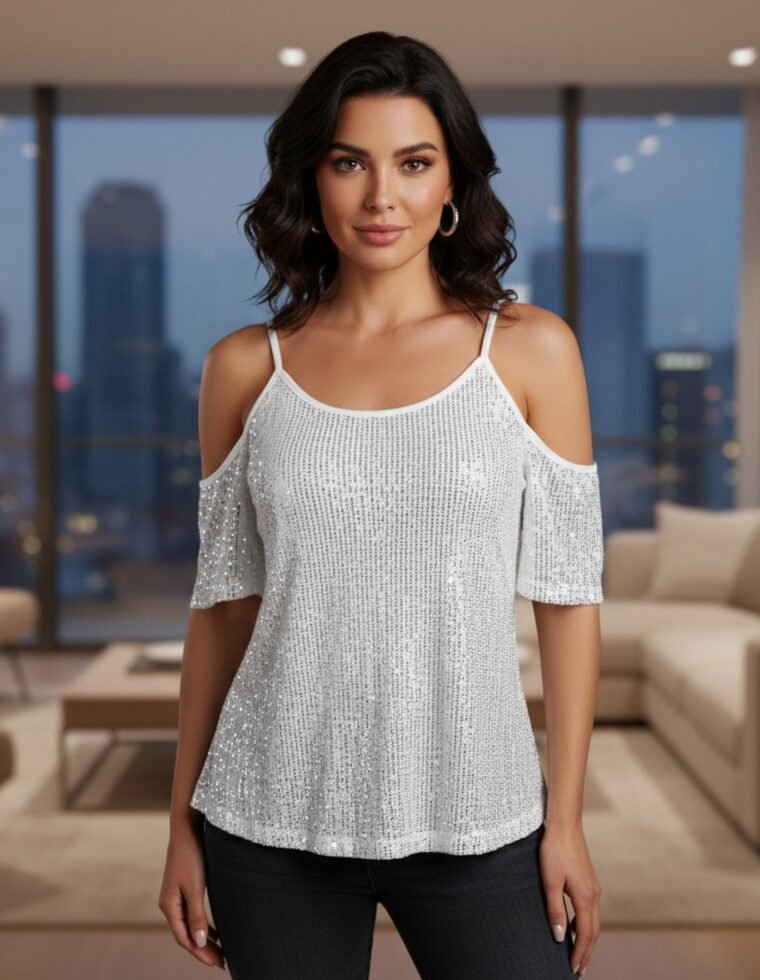 Blusa de Mangas Caidas Mujer con Lentejuelas Brillosas - HG25123