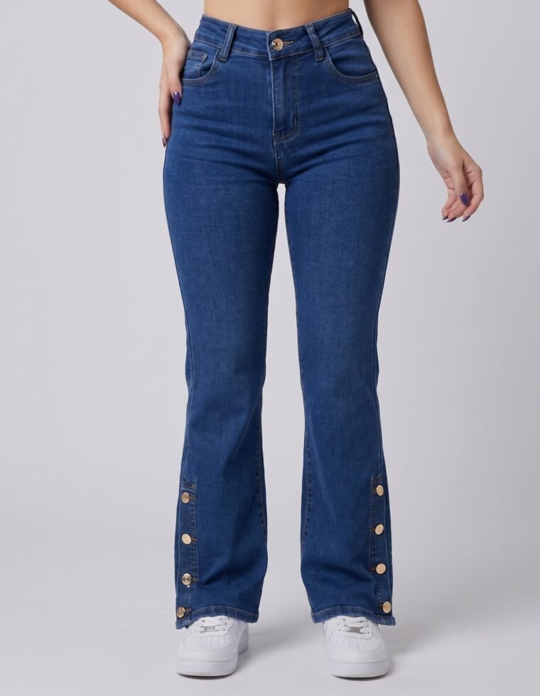 Pantalón Azul Tiro Alto Flare - Diseño con Botones en Bota - 8227B